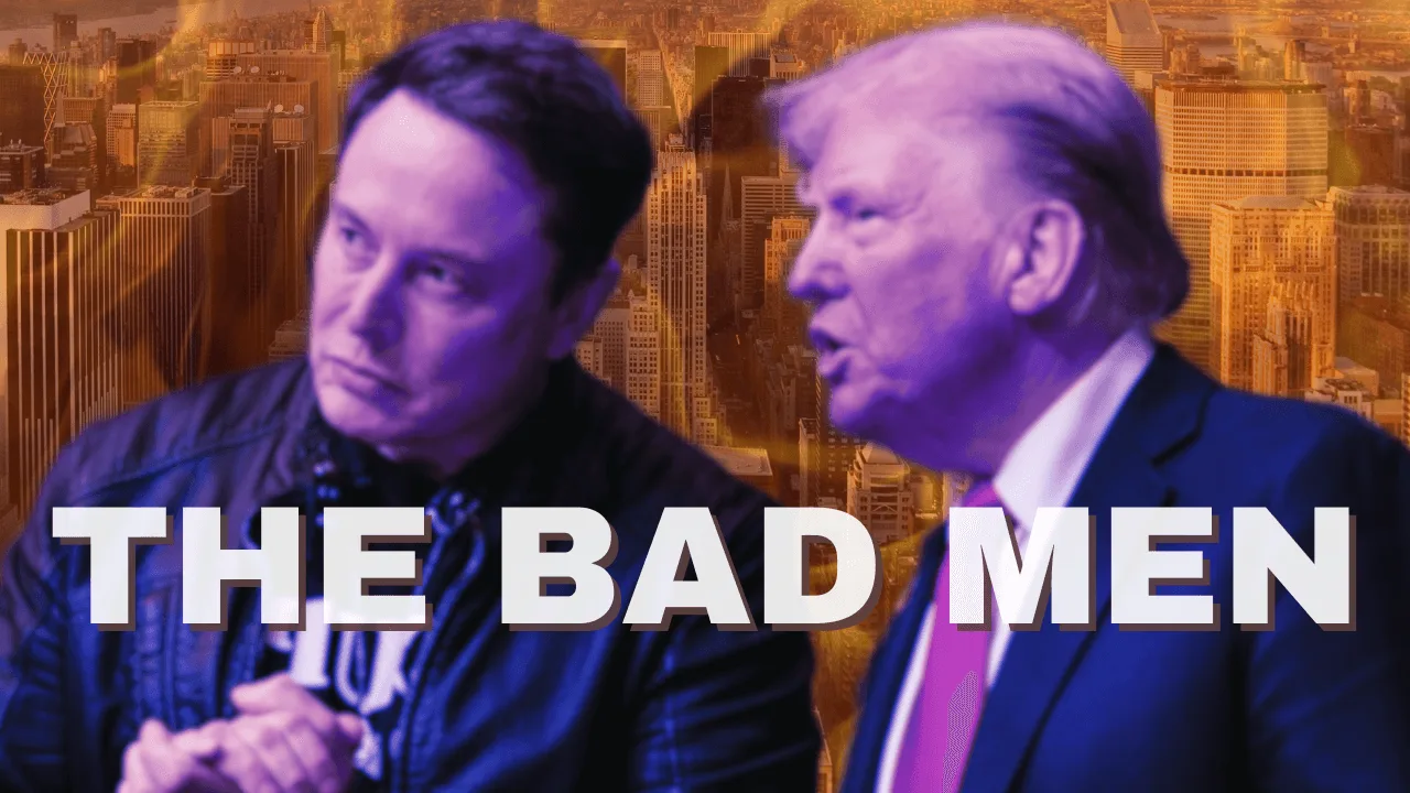 Two men in profile against a cityscape background with the text 'The Bad Men' overlaying the image.