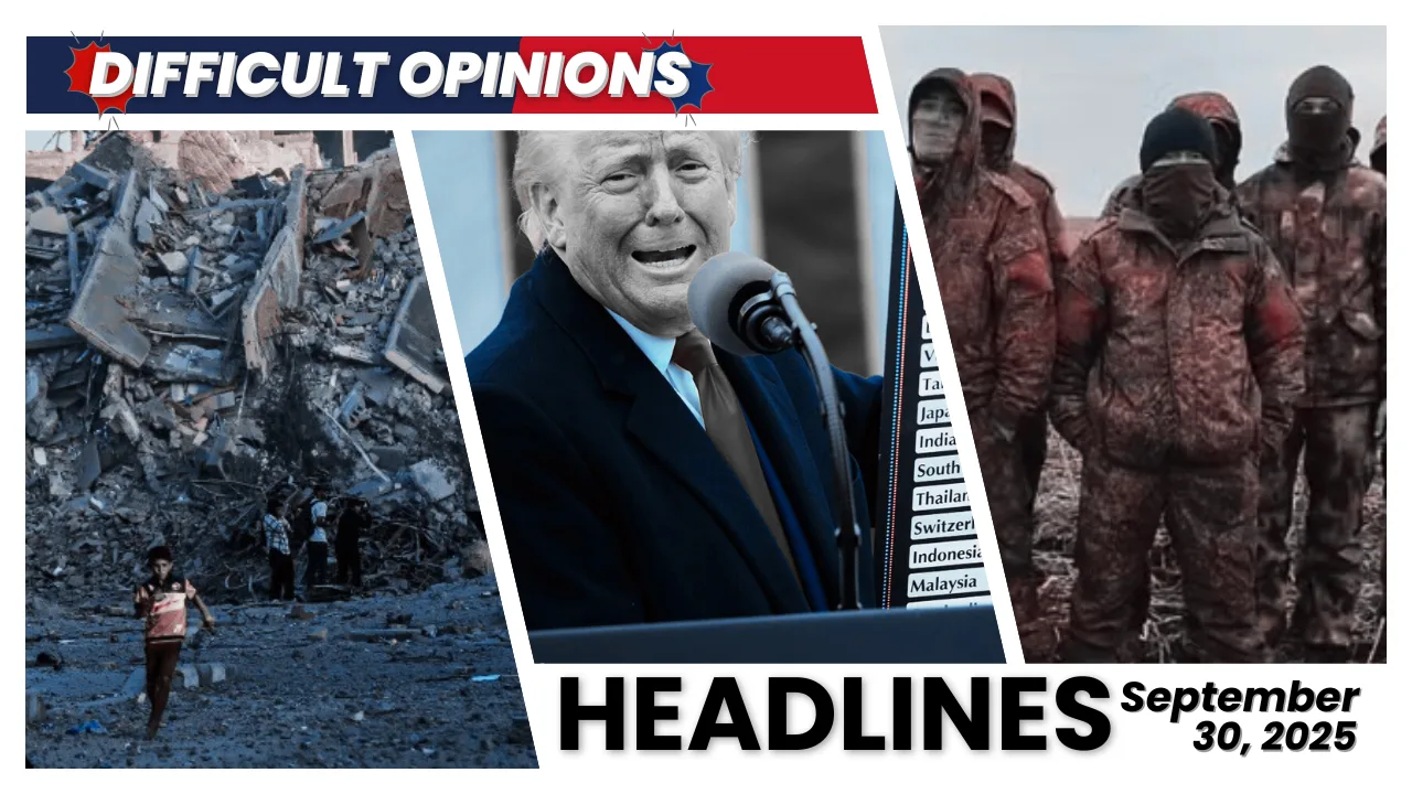 Collage of three images: Left shows a person running amidst rubble, center depicts a man speaking at a microphone, and right shows a group of people wearing camouflaged clothing. The title at the top reads "Difficult Opinions," and the date at the bottom is "September 30, 2025."